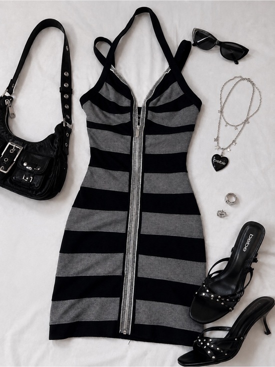 bebe Dresses & Skirts - bebe Black & Gray Striped Bodycon Mini Dress Exposed Zipper Size S